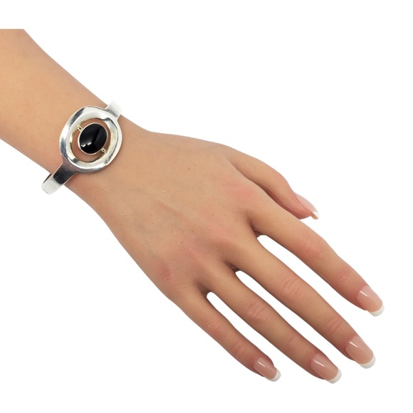 Mexico Sterling Silver Onyx Hinged Bracelet #21170 - Picture 8 of 10